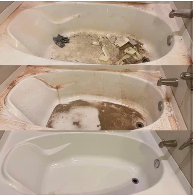 Three-stage bathtub cleaning process showing built-up grime before cleaning, active scrubbing stage, and spotless finished white bathtub