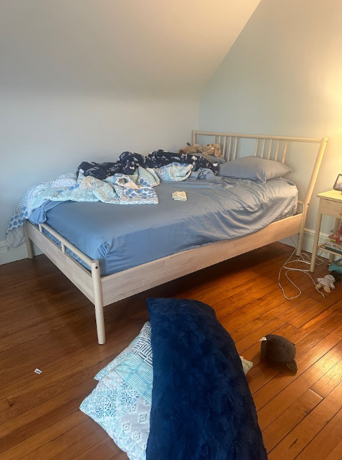 BEFORE: Bedroom with unmade bedding and pillows on the hardwood floor prior to cleaning